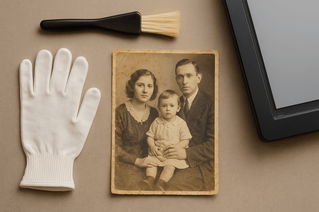Flat lay of a photo restoration workspace.